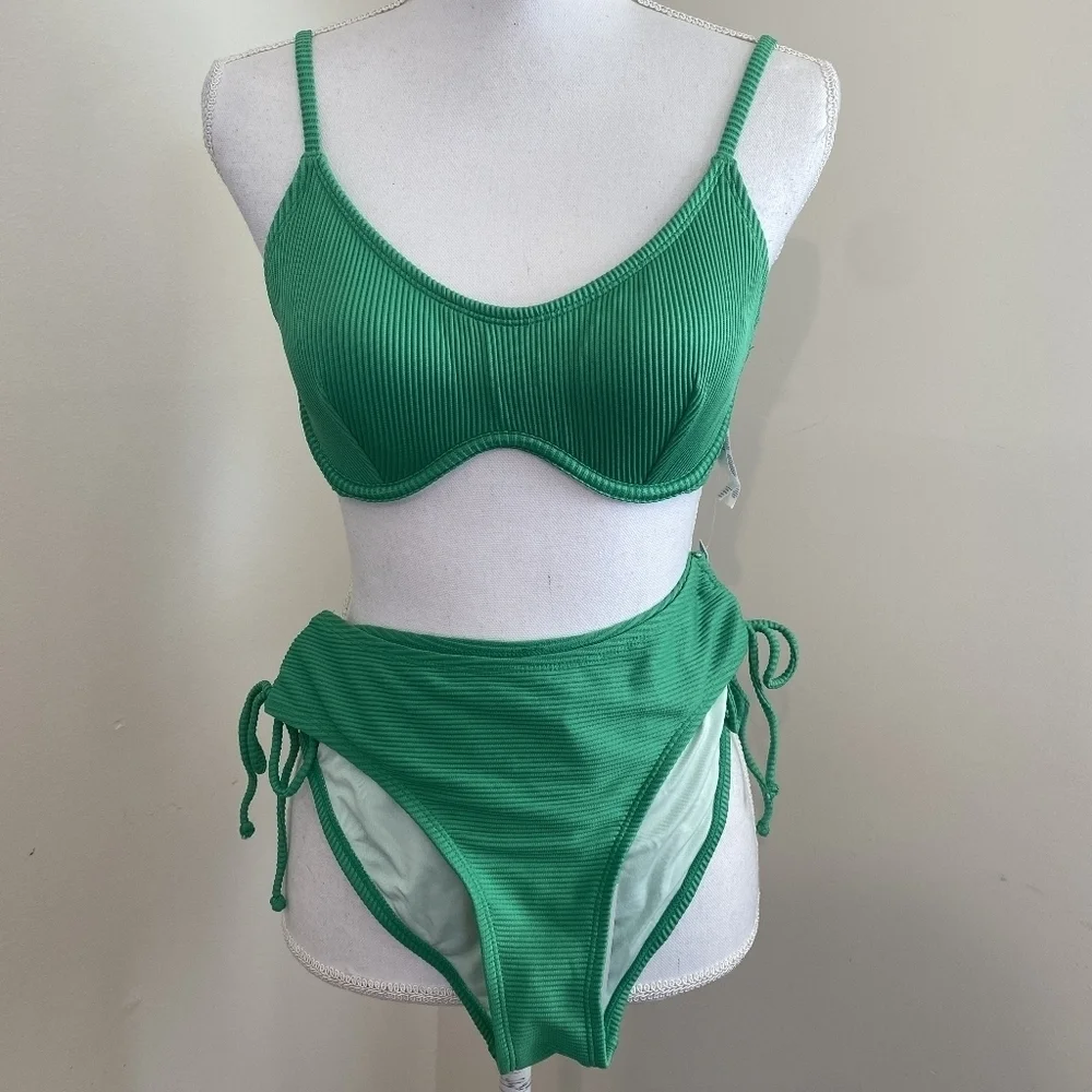 Cupshe Green Ribbed Bikini Set Size Small NWT